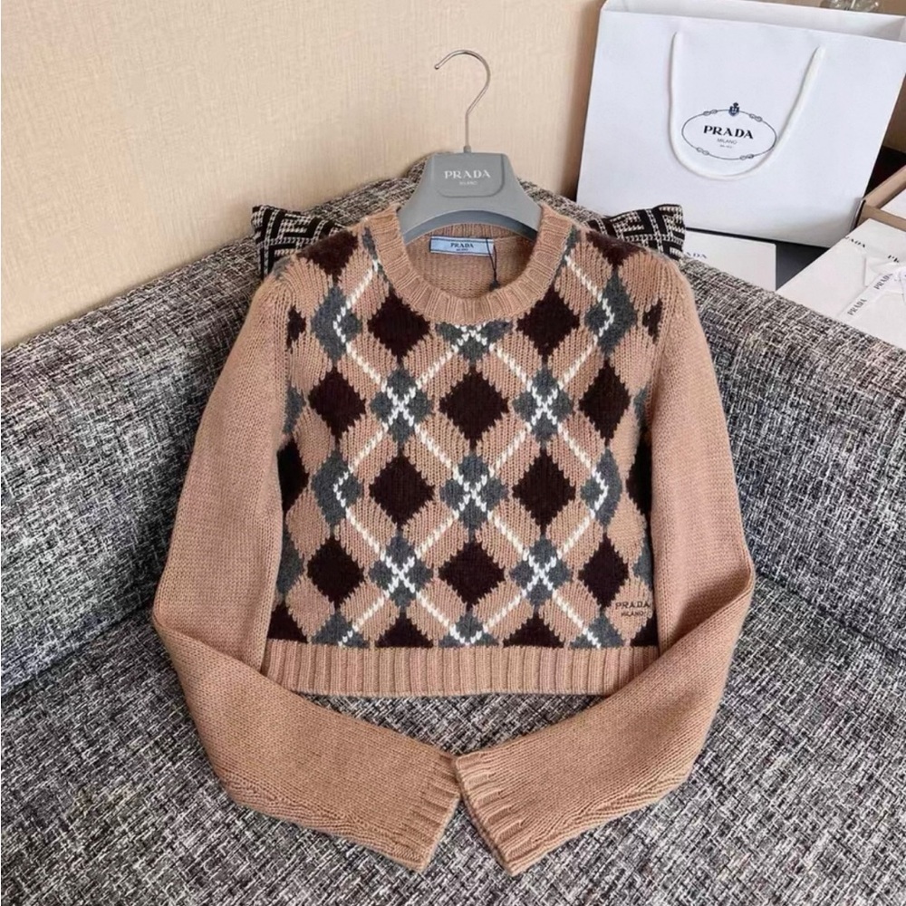 Prada Women's Argyle Sweater - Brown and Gray